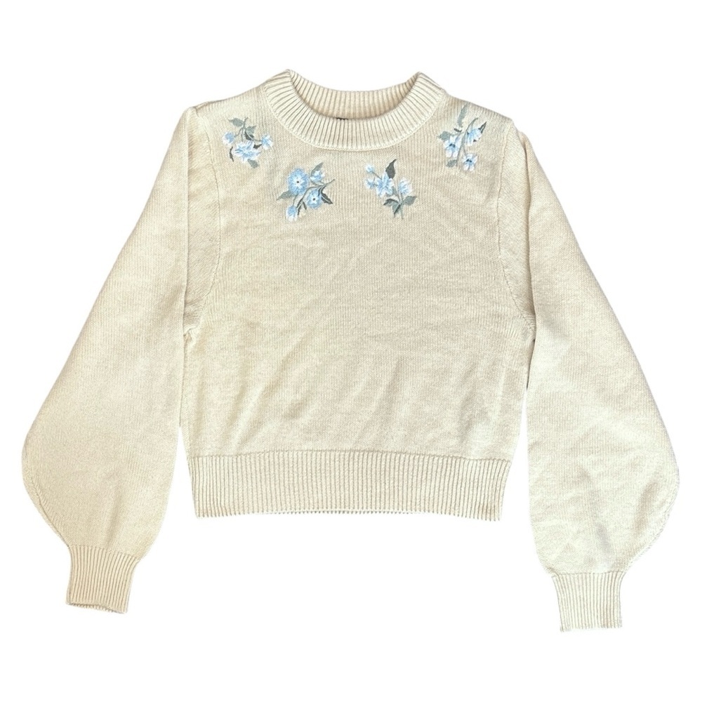 H&M Floral Embroidered Balloon Sleeve Bohemian Crew Neck Sweater Cream Women XXS